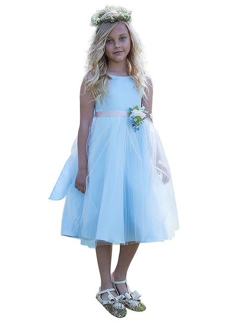 Petite Adele Big Girls Light Blue Dull Satin Tulle Broche Flower Girl Dress 8-12 - SophiasStyle.com